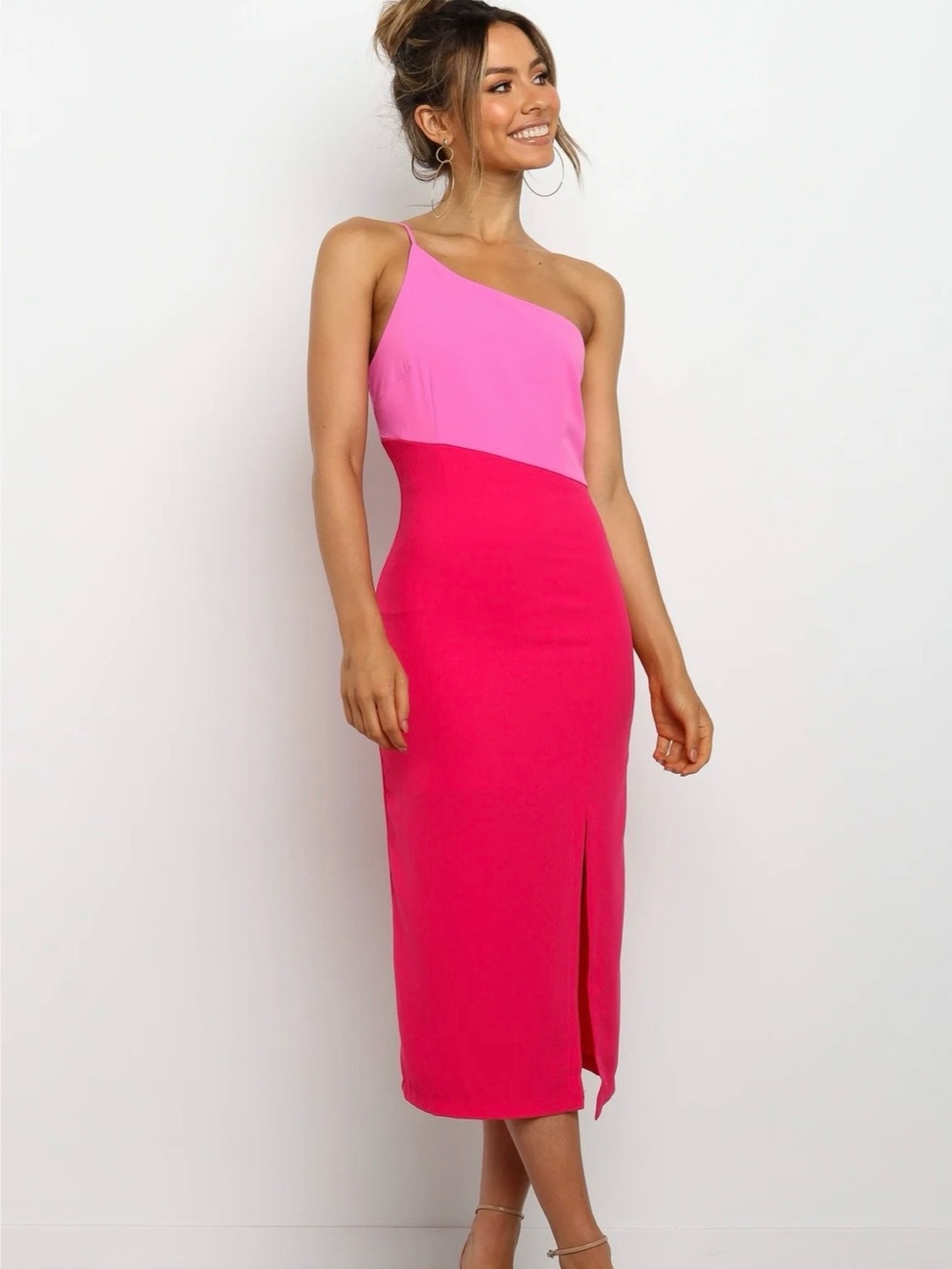 Petal & Pup Two-Tone One-Shoulder Pink Hot-Pink Midi Dress